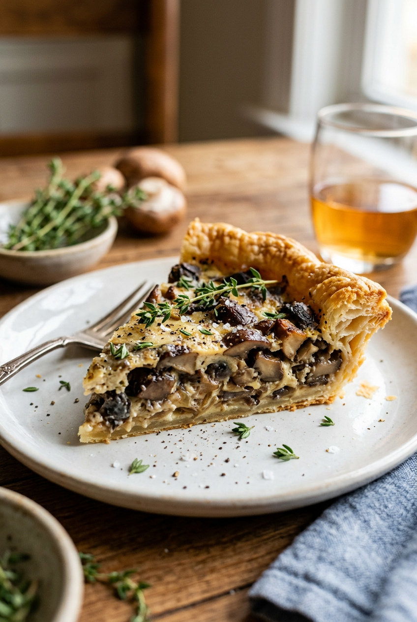 Sliced French mushroom tart showing layers of mixed mushrooms in creamy custard filling with golden Gruyère cheese topping