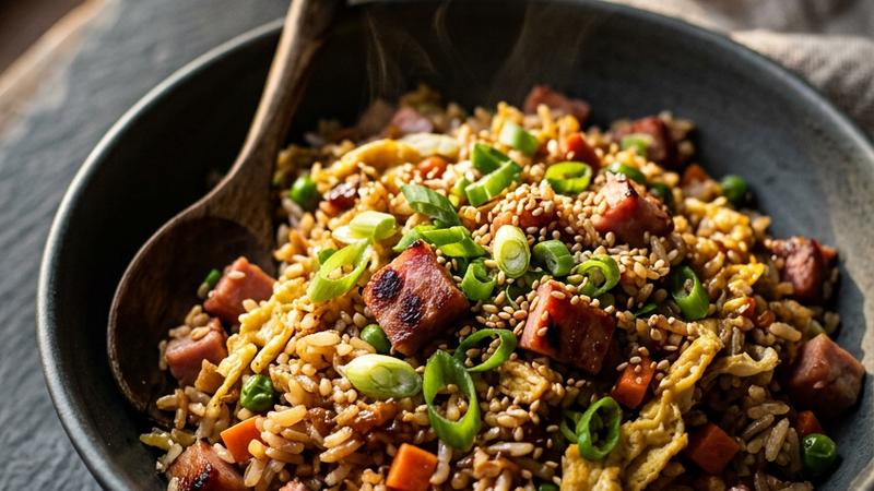 Steaming bowl of leftover ham fried rice garnished with green onions, sesame seeds, and fresh cilantro, served with lime wedges