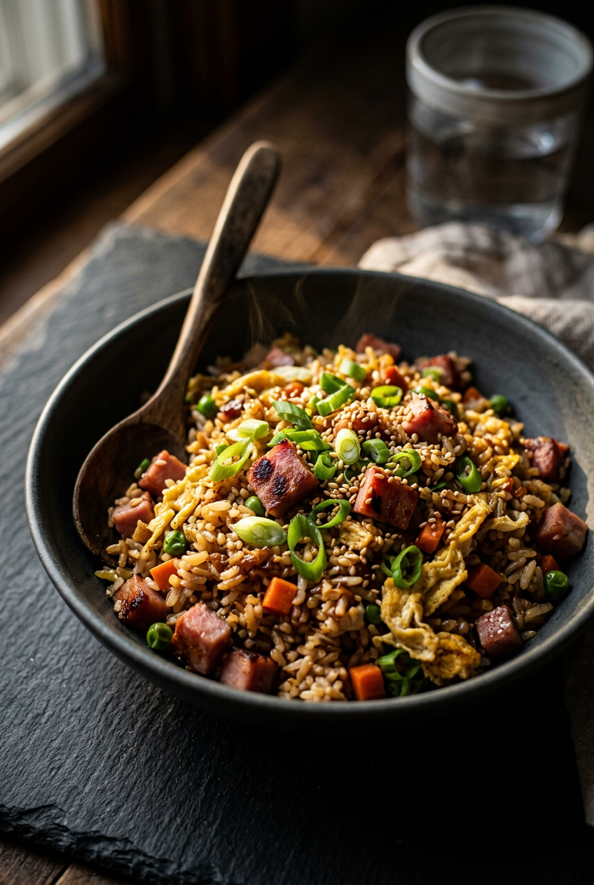 Steaming bowl of leftover ham fried rice garnished with green onions, sesame seeds, and fresh cilantro, served with lime wedges