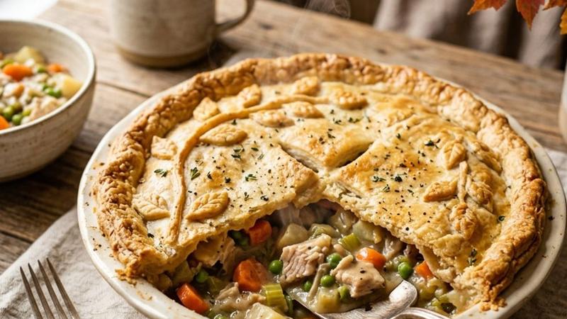 Golden flaky turkey pot pie in a cast iron skillet with a slice removed showing creamy filling