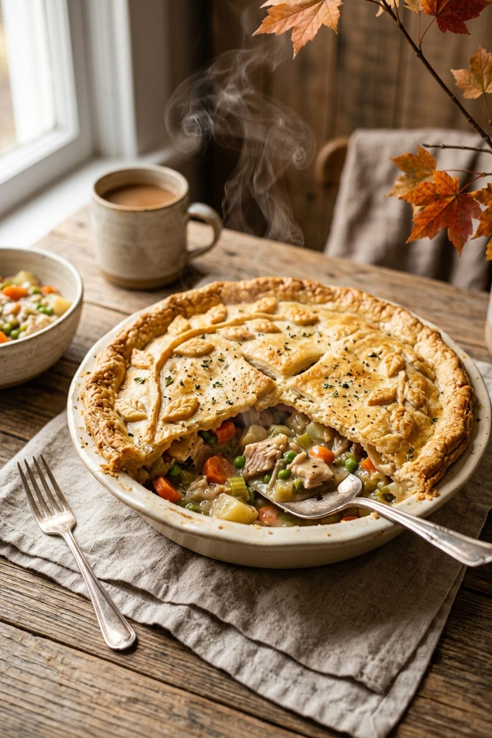 Golden flaky turkey pot pie in a cast iron skillet with a slice removed showing creamy filling