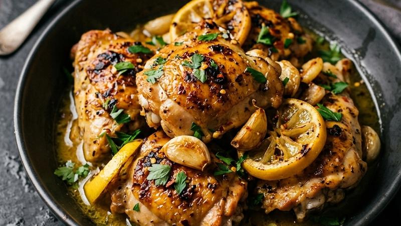 Golden-seared lemon garlic chicken breast in silky lemon sauce with fresh parsley garnish and lemon slices