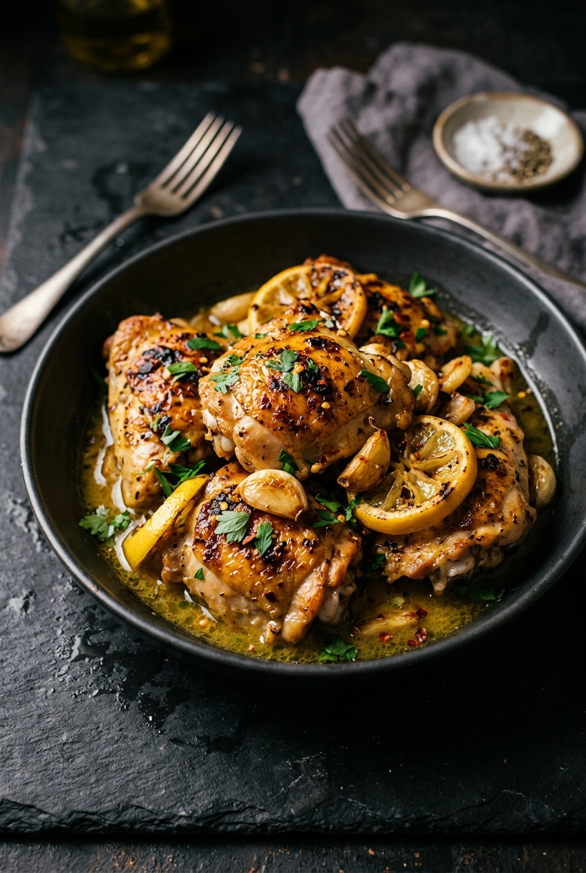 Golden-seared lemon garlic chicken breast in silky lemon sauce with fresh parsley garnish and lemon slices