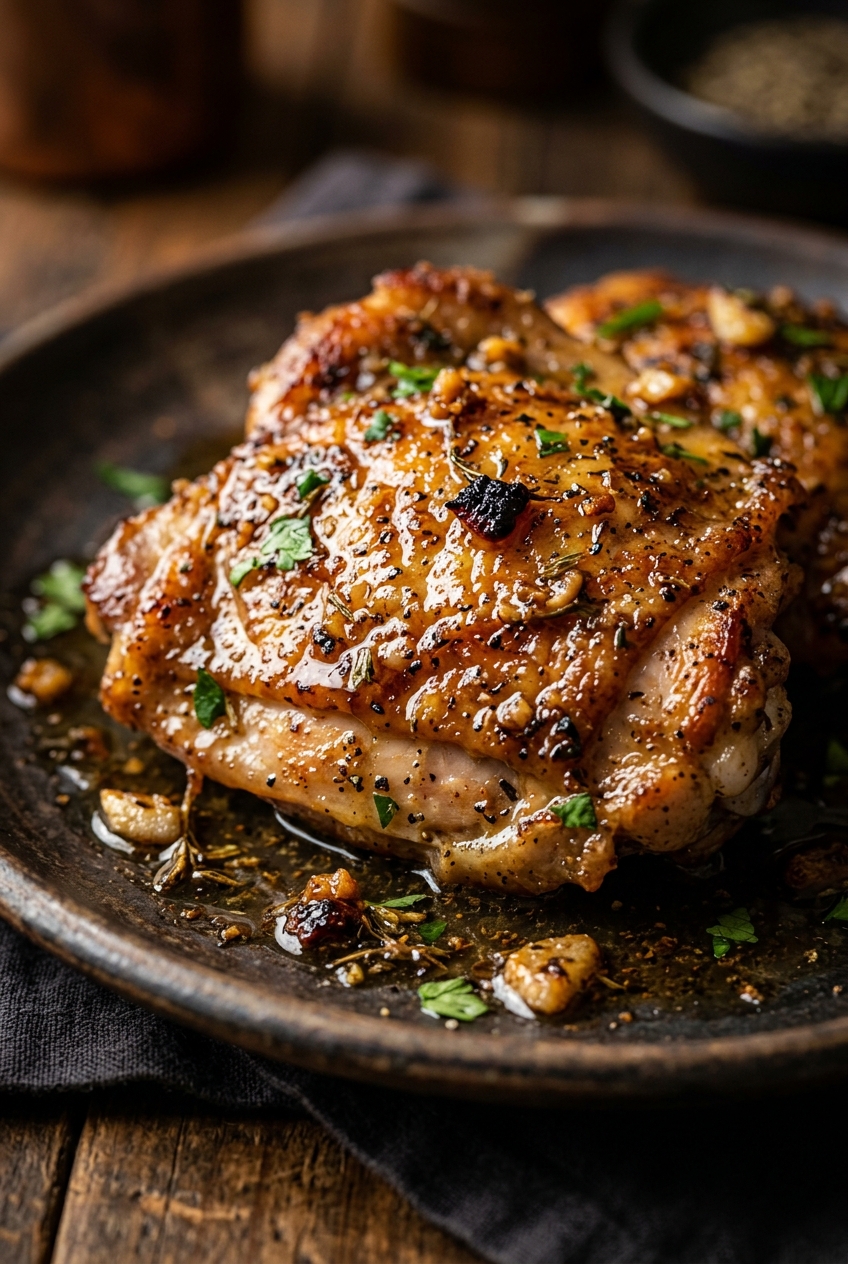 Close-up of creamy lemon garlic sauce coating tender chicken breast with minced garlic and fresh herbs visible