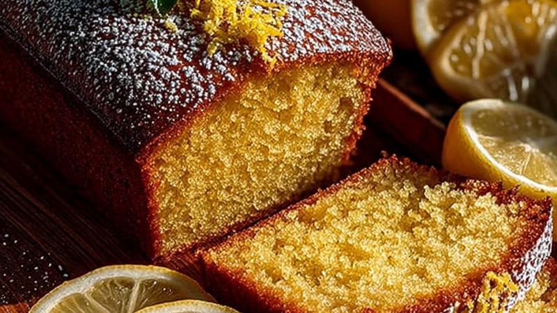Golden-brown lemon olive oil cake with fresh lemon zest and sliced lemons on top, displaying a tender, moist crumb structure in natural lighting