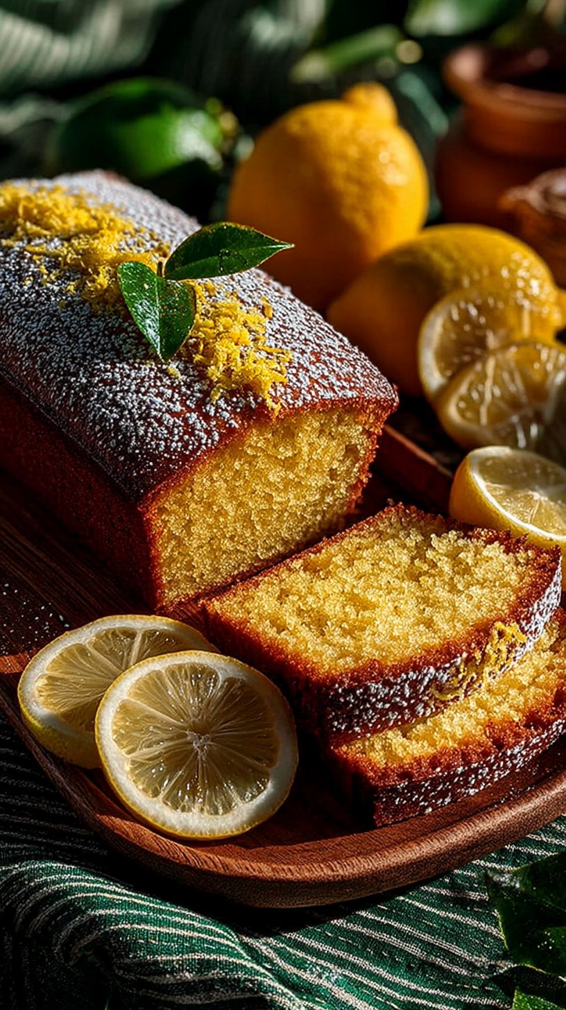 Golden-brown lemon olive oil cake with fresh lemon zest and sliced lemons on top, displaying a tender, moist crumb structure in natural lighting
