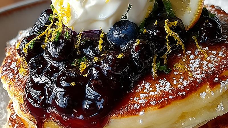 Stack of fluffy lemon ricotta pancakes topped with warm blueberry sauce, Greek yogurt, fresh blueberries, and a sprinkle of lemon zest on a white ceramic plate