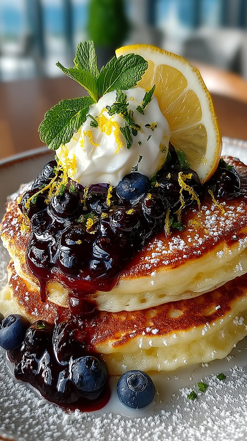 Stack of fluffy lemon ricotta pancakes topped with warm blueberry sauce, Greek yogurt, fresh blueberries, and a sprinkle of lemon zest on a white ceramic plate