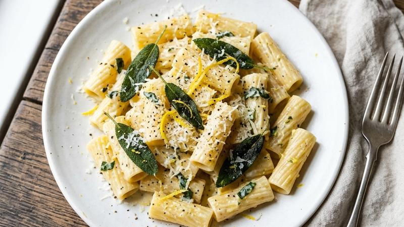 A creamy lemon sage rigatoni pasta dish garnished with fresh sage leaves and lemon slices in a white bowl