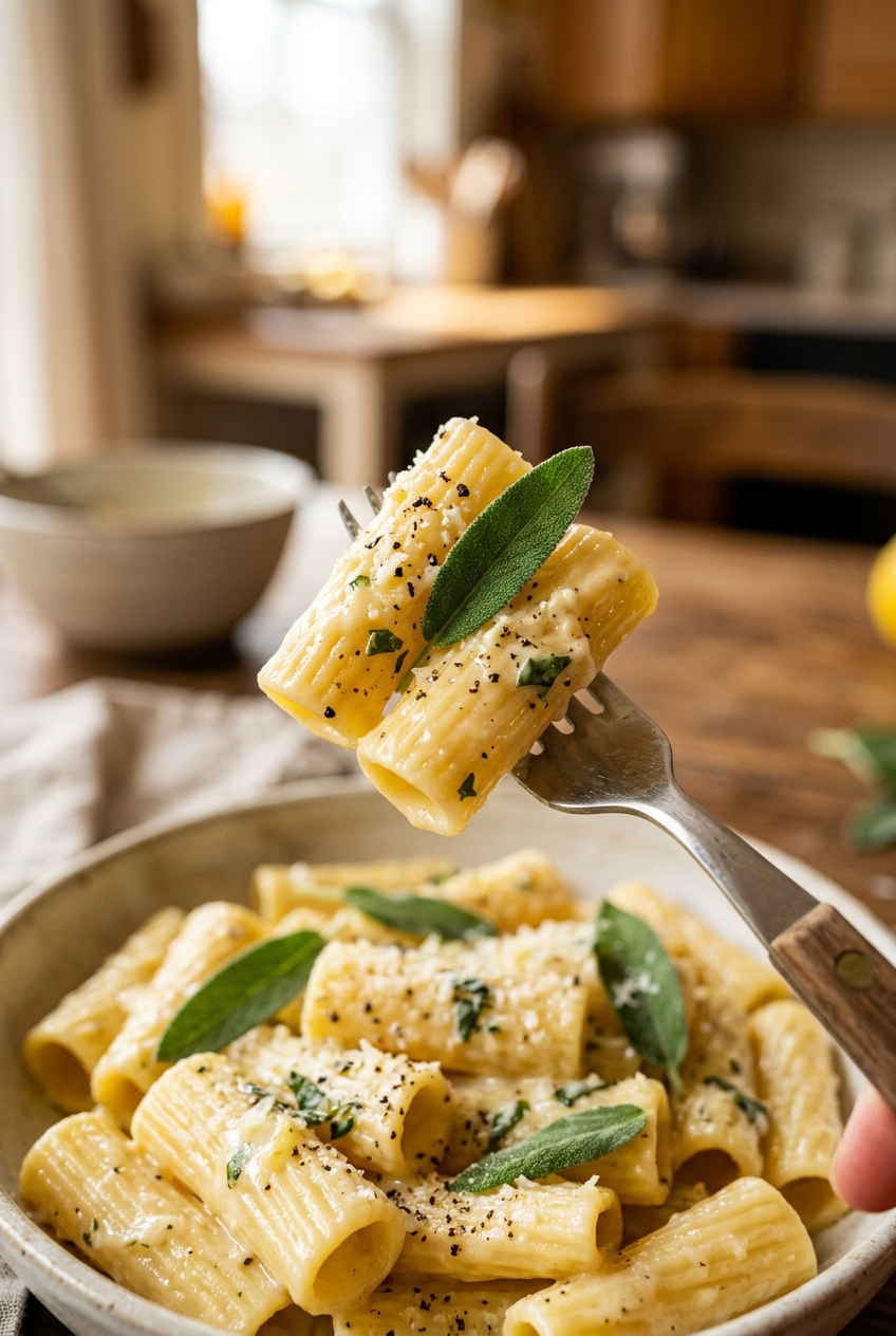 Close-up of rigatoni pasta coated in silky lemon butter sage sauce with grated Parmesan cheese