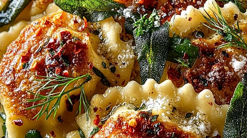 Close-up overhead view of three plated lobster ravioli topped with golden brown butter, fresh sage leaves, and grated Parmigiano-Reggiano, with a fork resting on white ceramic plate
