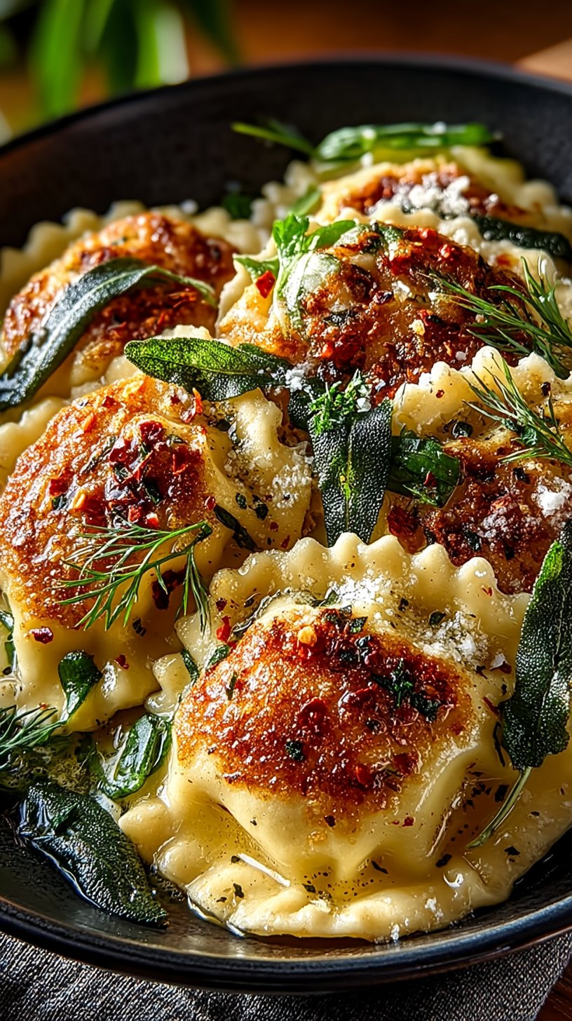 Close-up overhead view of three plated lobster ravioli topped with golden brown butter, fresh sage leaves, and grated Parmigiano-Reggiano, with a fork resting on white ceramic plate