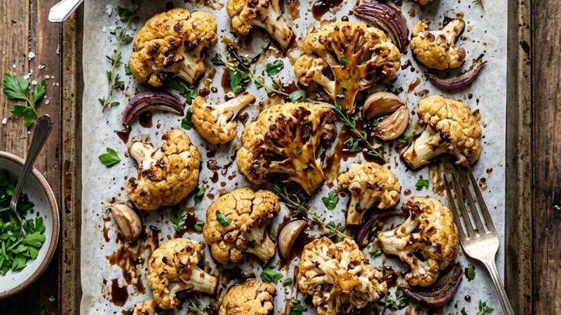 Golden brown roasted cauliflower florets glazed with dark maple balsamic sauce on a white serving platter