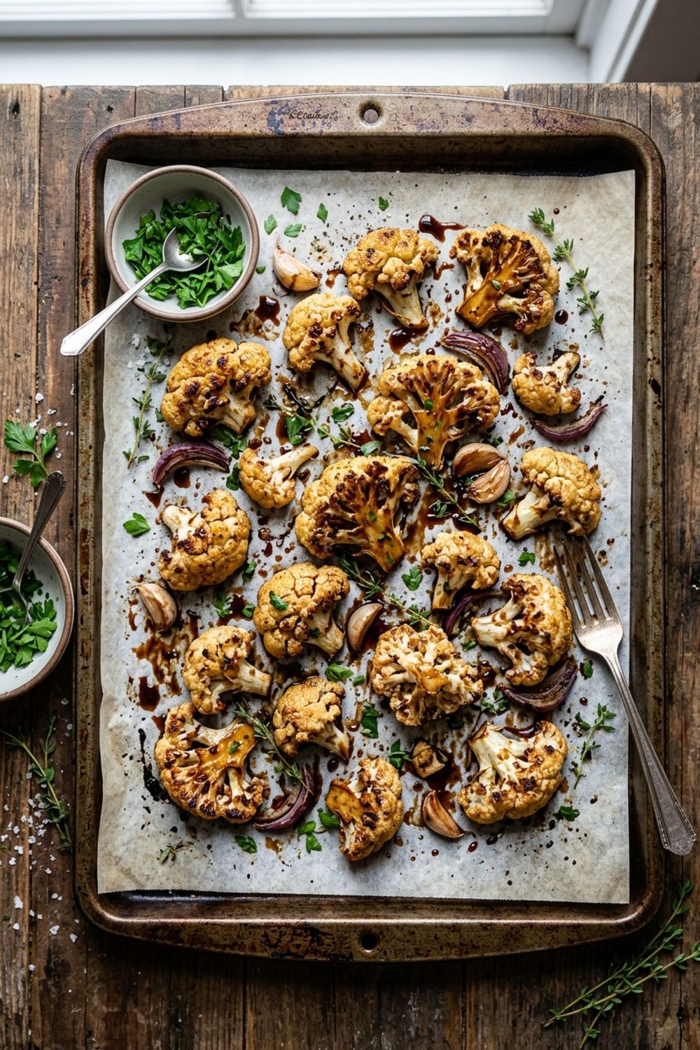 Golden brown roasted cauliflower florets glazed with dark maple balsamic sauce on a white serving platter