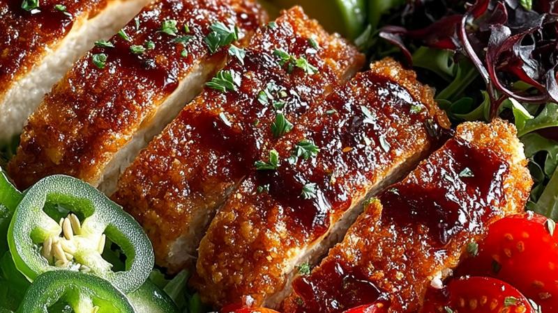 Vibrant spicy chicken salad with sliced grilled chicken, mixed greens, cherry tomatoes, red bell peppers, avocado, and crispy bacon in a white bowl with spicy dressing drizzled on top