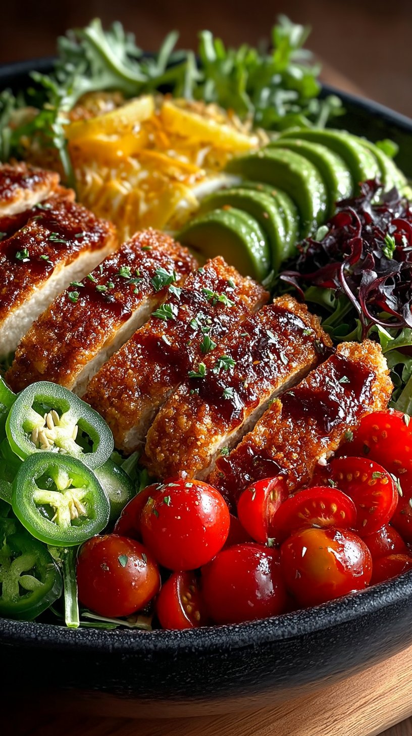 Vibrant spicy chicken salad with sliced grilled chicken, mixed greens, cherry tomatoes, red bell peppers, avocado, and crispy bacon in a white bowl with spicy dressing drizzled on top