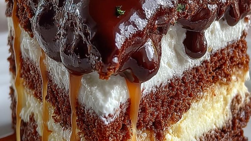 A stunning eight-layer Tuxedo Cake sliced to reveal alternating chocolate and vanilla cake layers with creamy whipped filling and glossy chocolate ganache topping