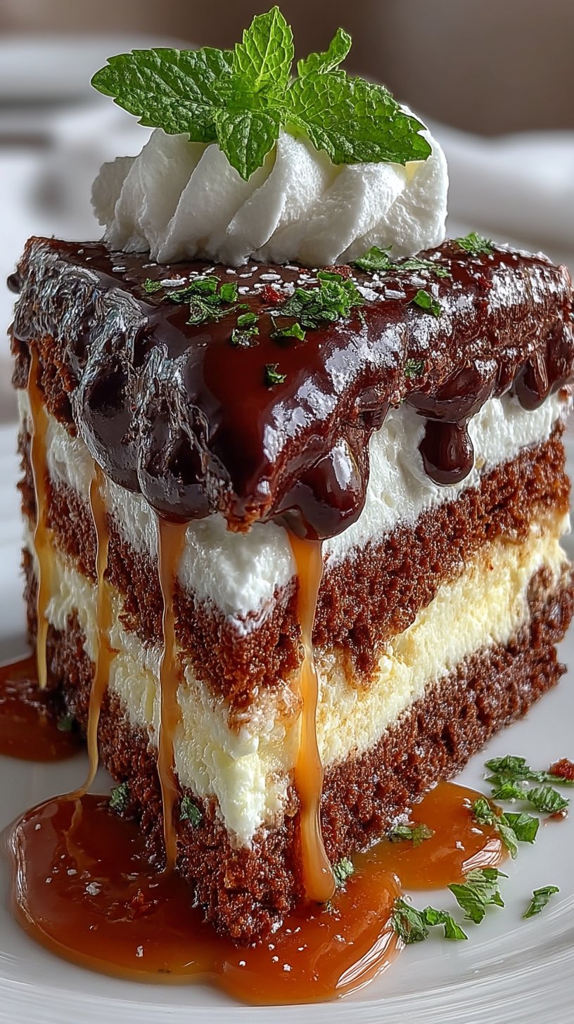 A stunning eight-layer Tuxedo Cake sliced to reveal alternating chocolate and vanilla cake layers with creamy whipped filling and glossy chocolate ganache topping