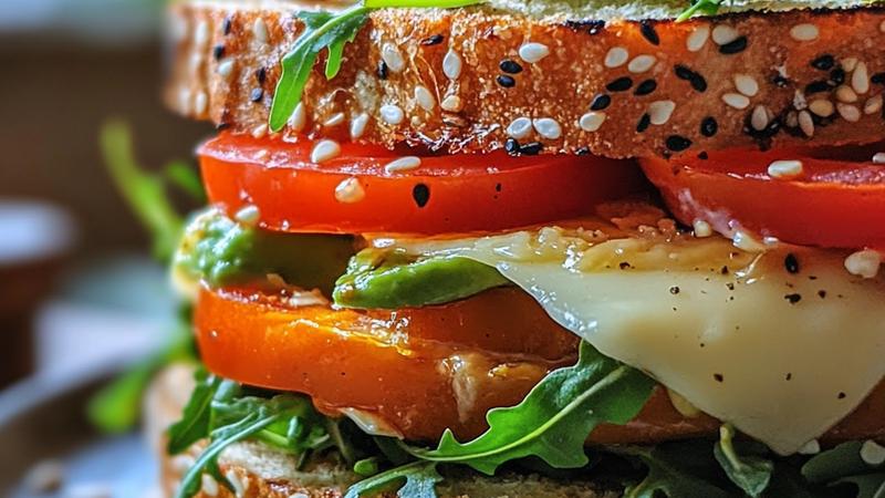 Close-up side view of Nagi's salad sandwich showing layers of crispy toasted sourdough, fresh rocket greens, vibrant tomato slices, creamy avocado, and melted cheese with roasted sunflower seeds visible on top