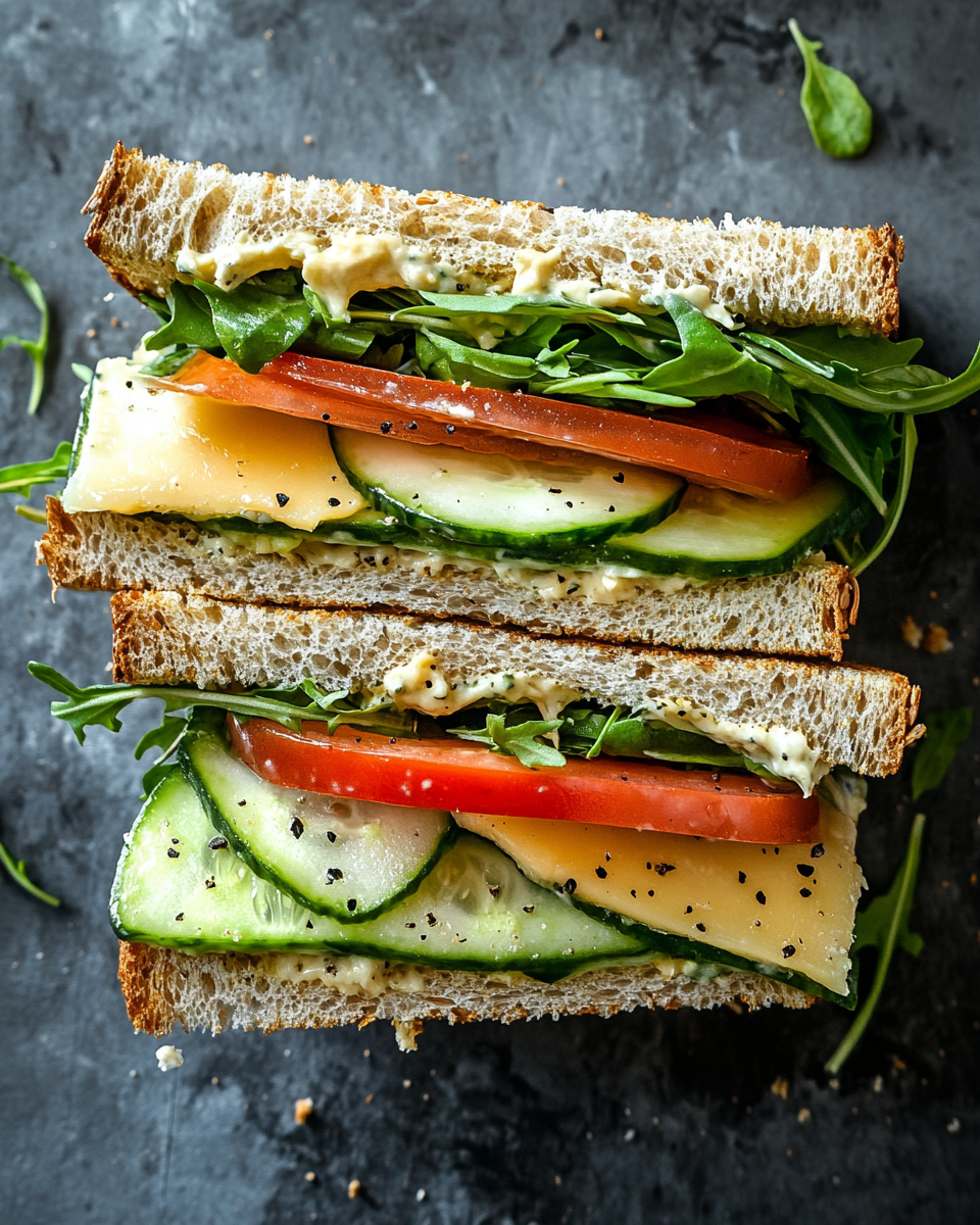 Overhead flat lay of Nagi's salad sandwich cut diagonally, displaying the colorful interior layers of vegetables, dressed greens, and cheese against a light wooden surface with fresh ingredients scattered nearby
