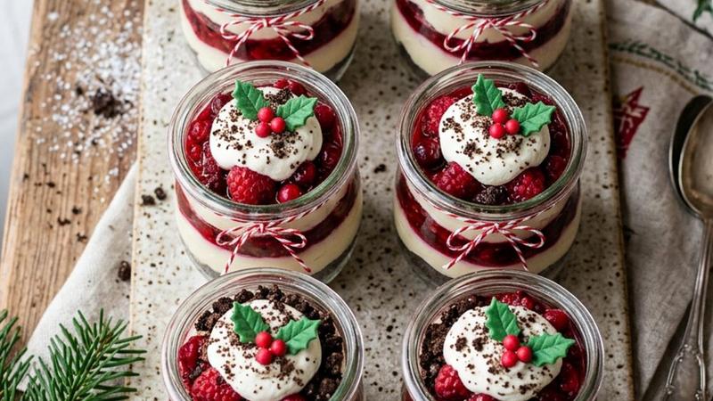 Layered no-bake Christmas dessert cups with cookie crumble base, white cream cheese mousse, and red berry topping in clear glasses