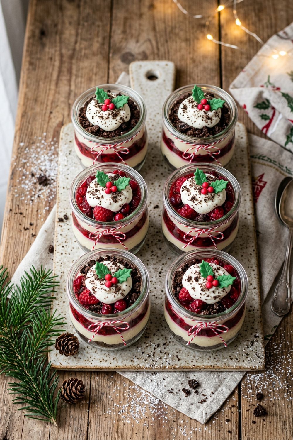 Layered no-bake Christmas dessert cups with cookie crumble base, white cream cheese mousse, and red berry topping in clear glasses