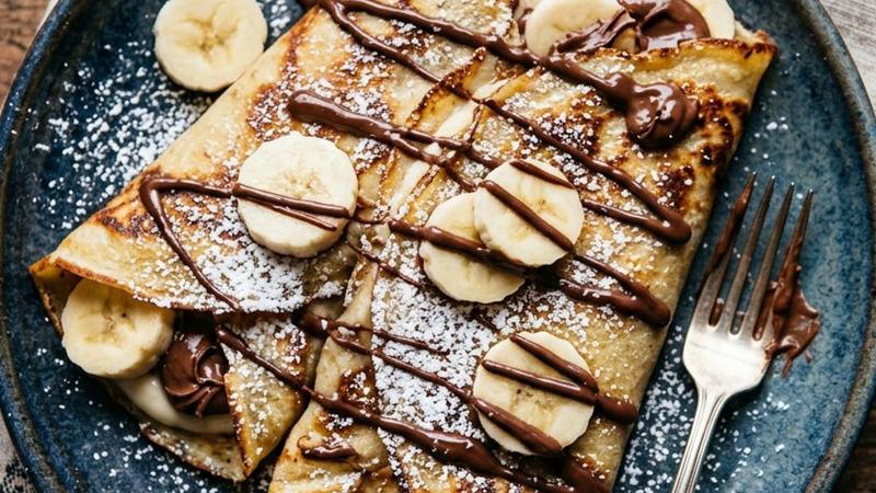 Golden crêpes folded into quarters with warm Nutella and sliced strawberries, dusted with powdered sugar