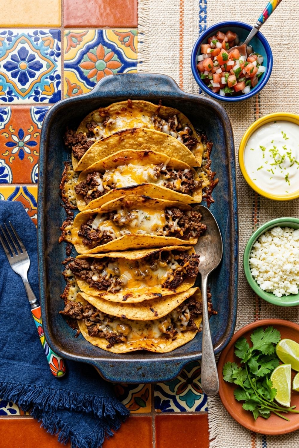Row of golden oven-baked cheesy tacos in a baking dish topped with melted cheese and fresh toppings