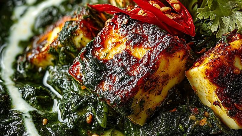 A creamy, deep green palak paneer curry with golden-fried paneer cubes floating in a luxurious spinach sauce, garnished with fresh cilantro and a swirl of cream, served in a traditional Indian bowl with warm naan bread on the side