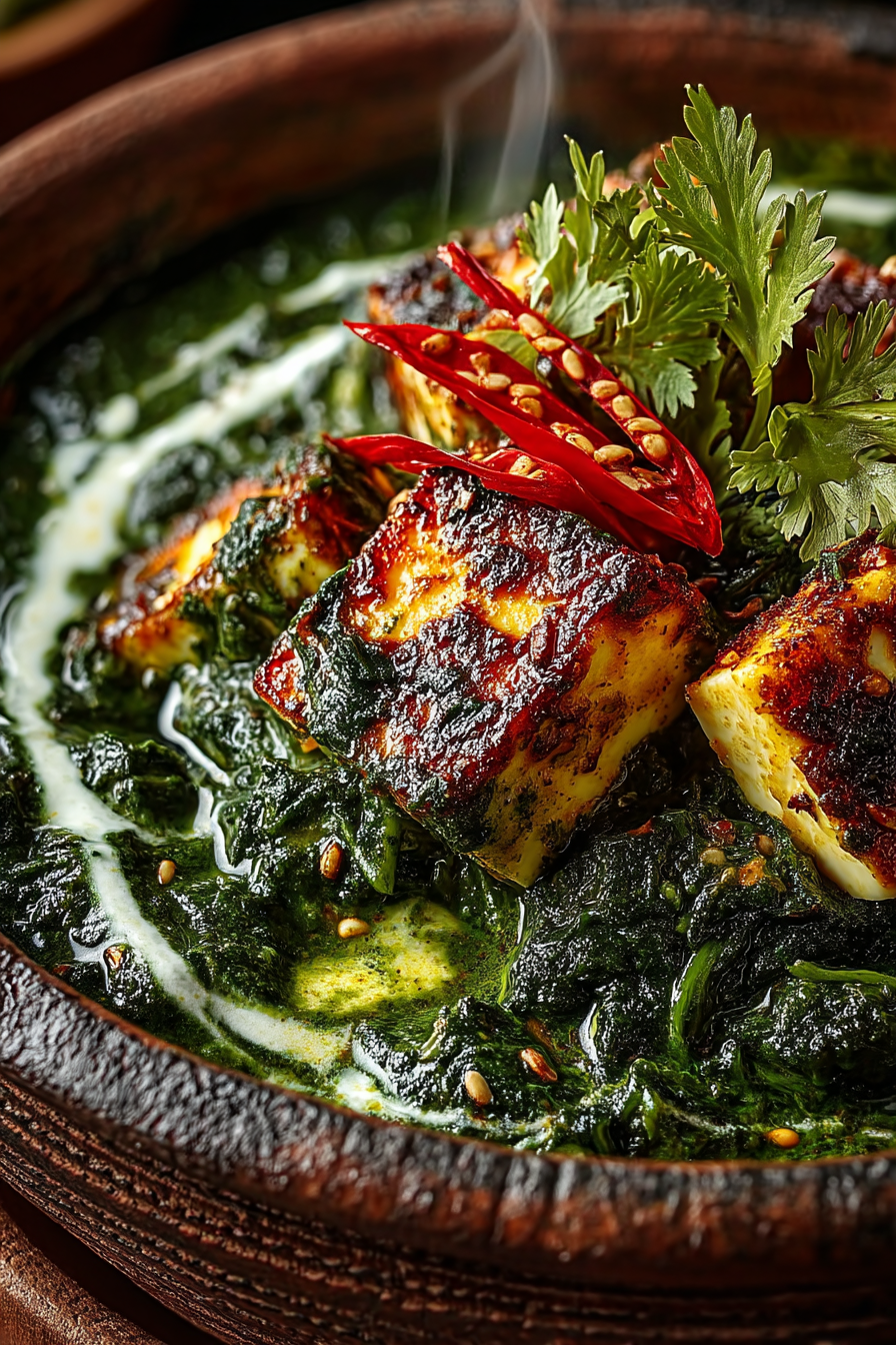 A creamy, deep green palak paneer curry with golden-fried paneer cubes floating in a luxurious spinach sauce, garnished with fresh cilantro and a swirl of cream, served in a traditional Indian bowl with warm naan bread on the side