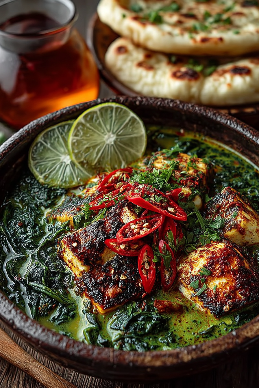 Close-up overhead shot of a spoon lifting creamy spinach curry with soft paneer cheese, showing the silky texture and vibrant green color of the homemade palak paneer
