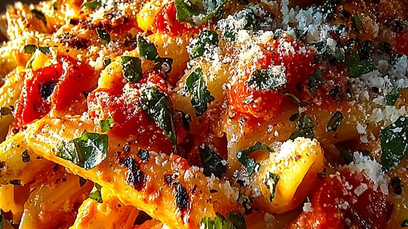 Close-up of creamy Pasta Alla Vodka with silky tomato sauce clinging to penne pasta, garnished with fresh basil and grated Parmigiano-Reggiano cheese in natural lighting