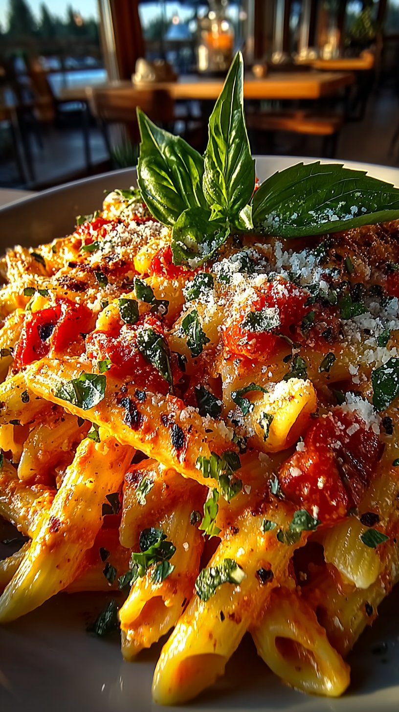 Close-up of creamy Pasta Alla Vodka with silky tomato sauce clinging to penne pasta, garnished with fresh basil and grated Parmigiano-Reggiano cheese in natural lighting