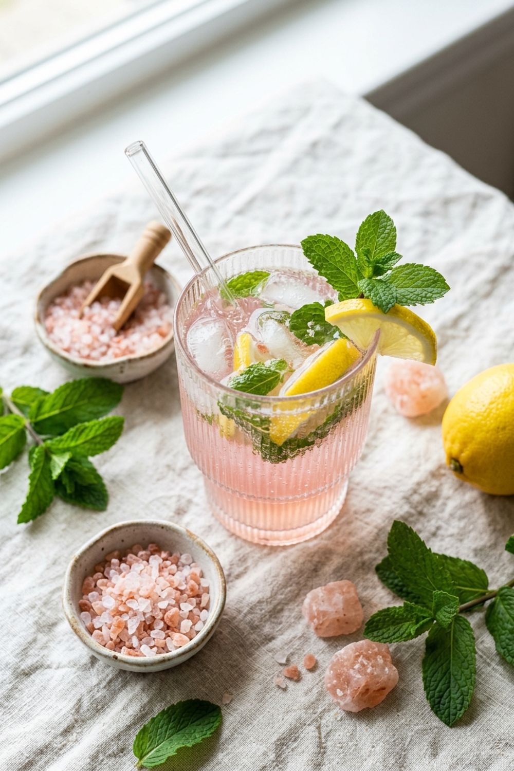 A glass of warm pink-tinted water with lemon slices and a small dish of Himalayan pink salt crystals