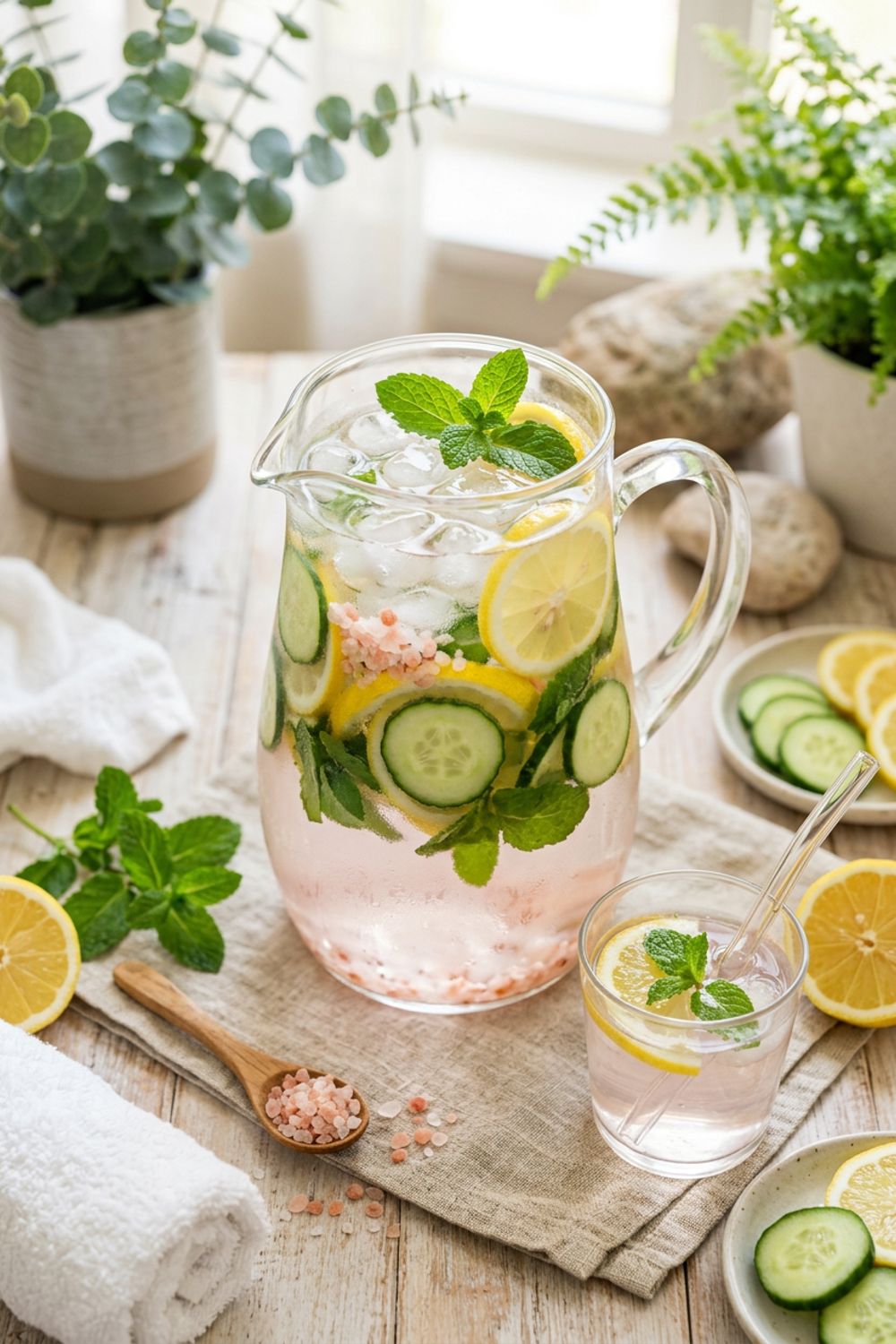 A clear glass pitcher of infused water with lemon slices, cucumber rounds, mint sprigs, and pink salt crystals