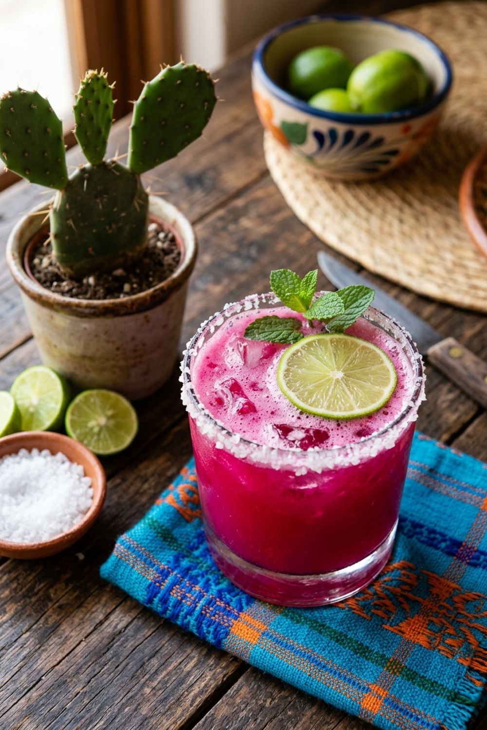 A vibrant magenta prickly pear margarita in a salt-rimmed glass with a lime wheel and prickly pear slice
