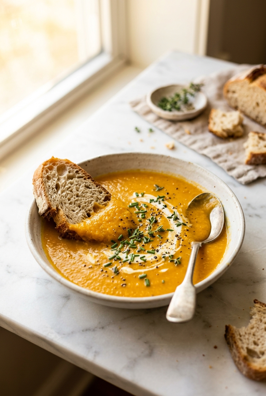 Close-up of vibrant orange carrot soup being blended with an immersion blender, showing the smooth, velvety texture