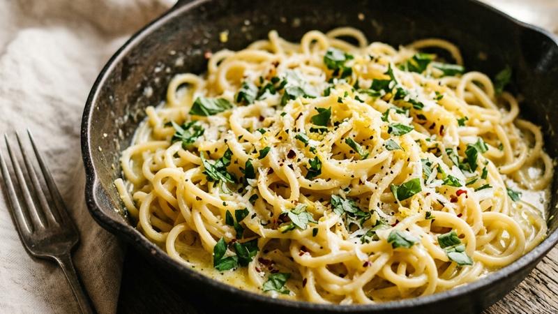 A vibrant bowl of quick lemon pasta with fresh basil, grated Parmesan, and lemon slices on a white plate