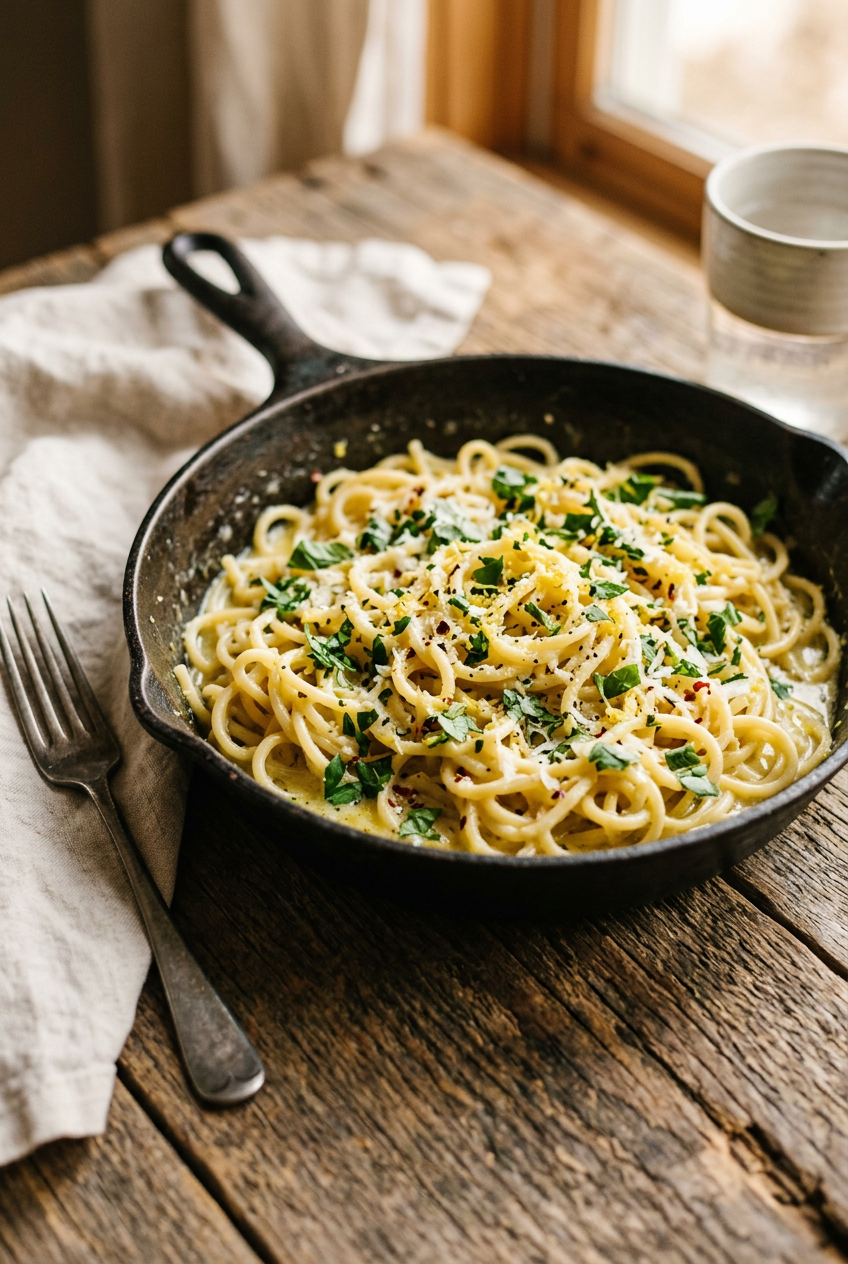 A vibrant bowl of quick lemon pasta with fresh basil, grated Parmesan, and lemon slices on a white plate