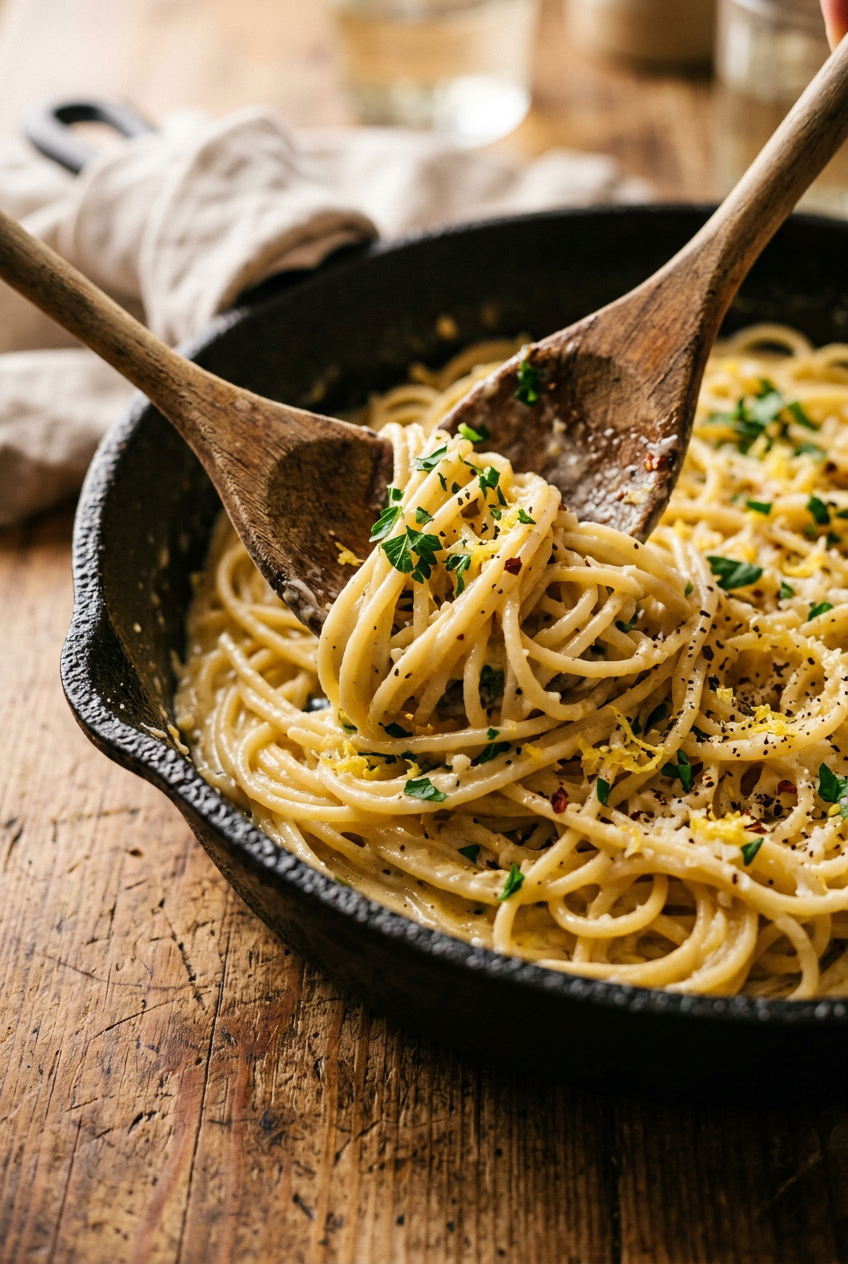 Close-up of silky lemon pasta sauce coating spaghetti strands with fresh lemon zest and garlic