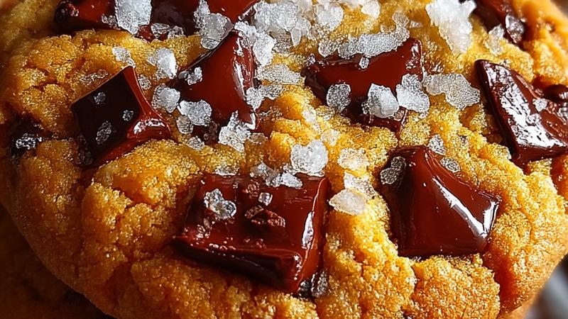 A close-up of golden-brown scoopable brown butter chocolate chip cookies stacked together, showing the chewy texture and melting chocolate chips with a sprinkle of fleur de sel salt on top