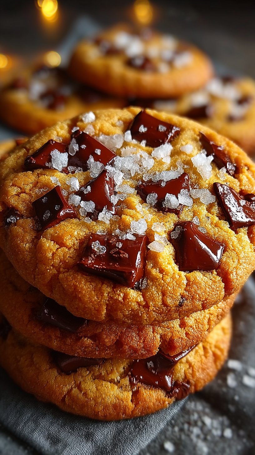 A close-up of golden-brown scoopable brown butter chocolate chip cookies stacked together, showing the chewy texture and melting chocolate chips with a sprinkle of fleur de sel salt on top