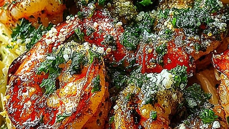Close-up of succulent shrimp scampi with garlic marinade served over linguine pasta, glistening with olive oil and garnished with fresh green parsley and lemon wedges