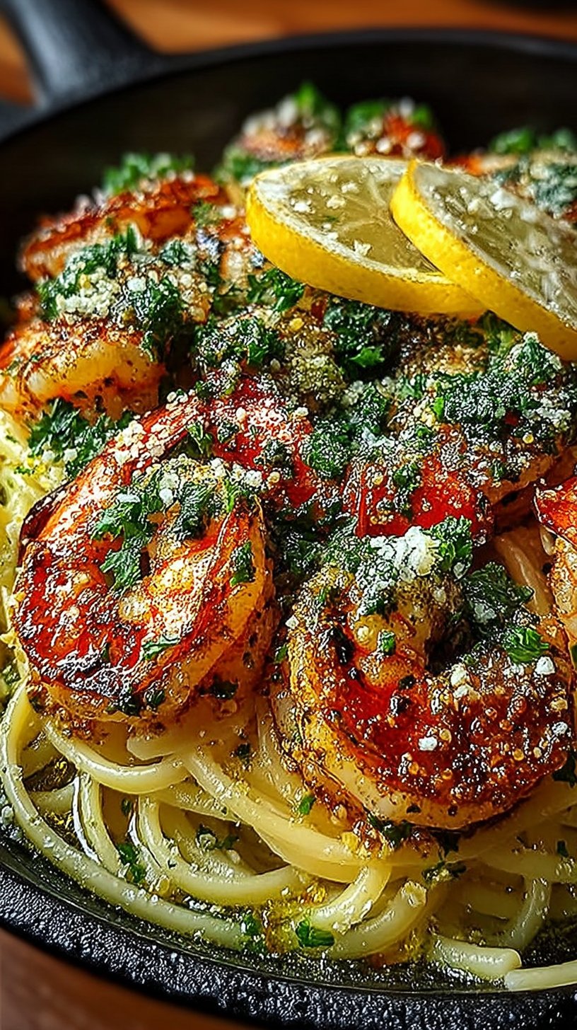 Close-up of succulent shrimp scampi with garlic marinade served over linguine pasta, glistening with olive oil and garnished with fresh green parsley and lemon wedges