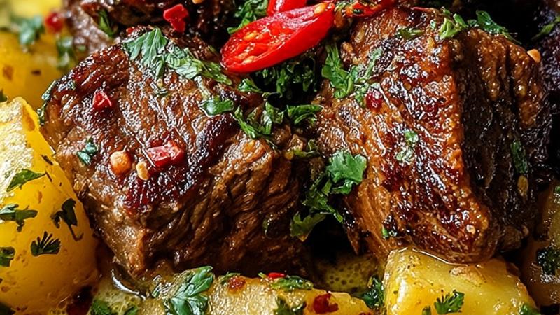 A steaming bowl of slow-cooker curried beef stew featuring tender golden-brown beef chunks, creamy golden curry sauce, soft potatoes and carrots, garnished with fresh cilantro and roasted cashews