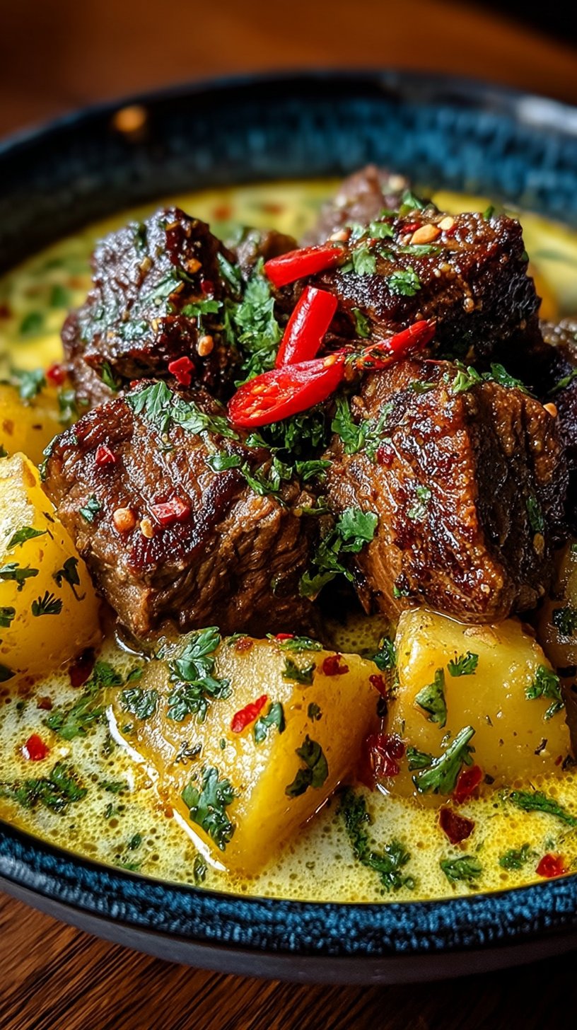 A steaming bowl of slow-cooker curried beef stew featuring tender golden-brown beef chunks, creamy golden curry sauce, soft potatoes and carrots, garnished with fresh cilantro and roasted cashews