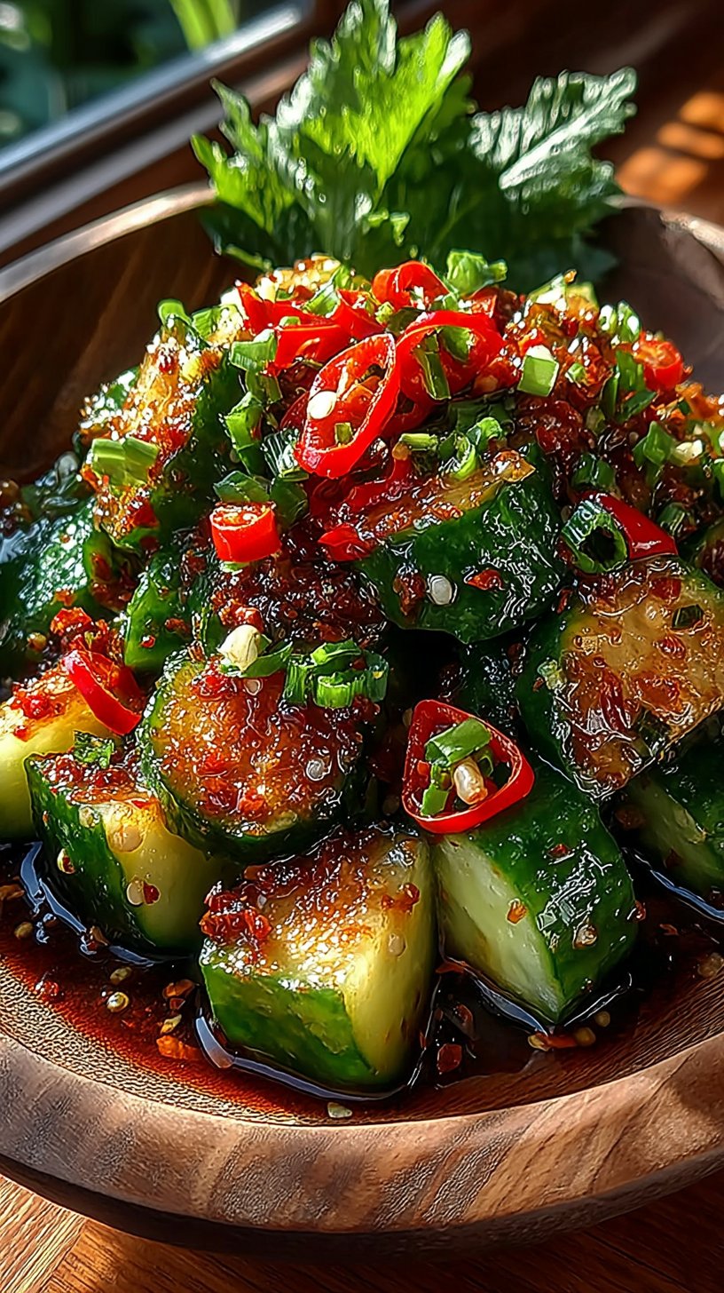 Overhead view of vibrant smashed chili crisp cucumber salad with crispy garlic and chili flakes, fresh green onions, and sesame seeds scattered across rustic wooden serving bowl