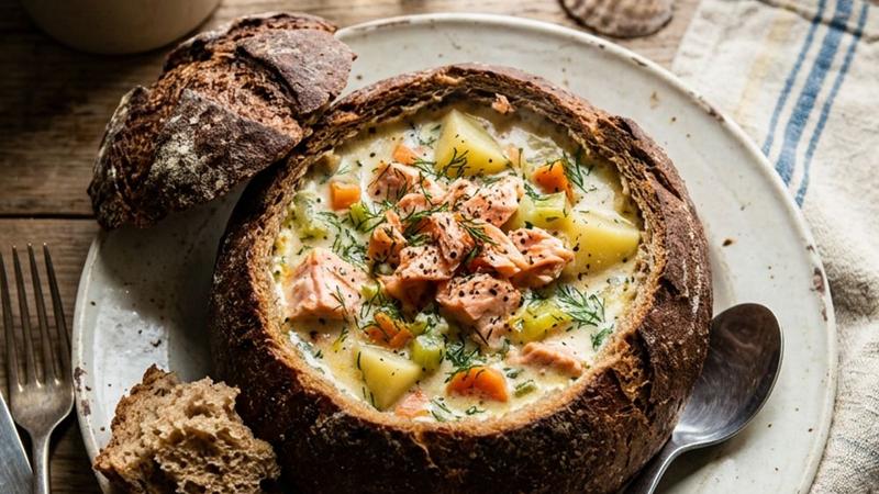 A bowl of creamy smoked salmon chowder topped with fresh dill and cracked black pepper