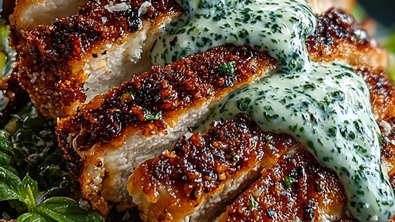 A vibrant Spring Green Goddess Caesar Salad with sliced grilled chicken breast arranged on a bed of tender spring greens, fresh peas, cucumber, and radishes, topped with creamy green goddess dressing and fresh herbs