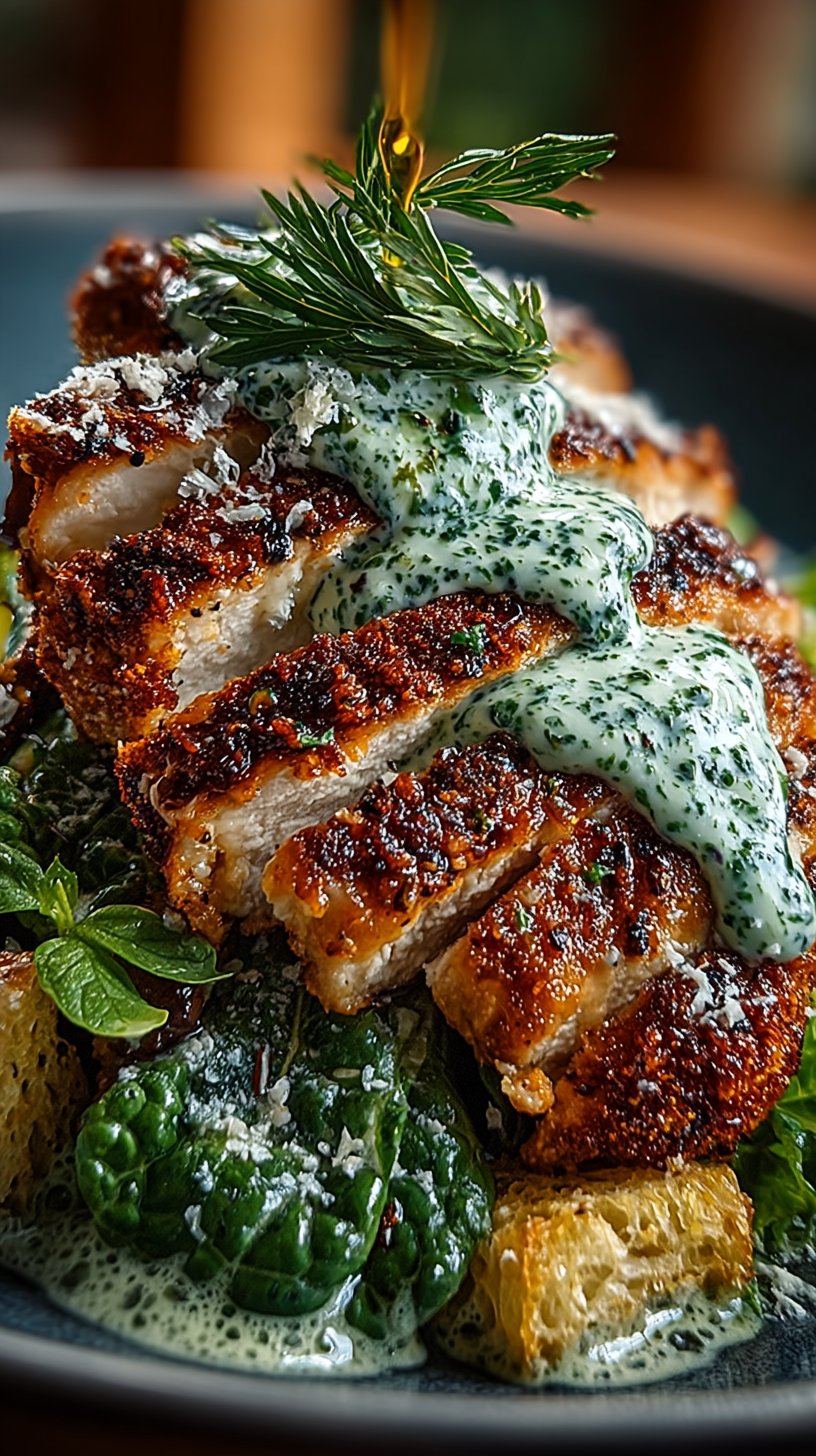 A vibrant Spring Green Goddess Caesar Salad with sliced grilled chicken breast arranged on a bed of tender spring greens, fresh peas, cucumber, and radishes, topped with creamy green goddess dressing and fresh herbs